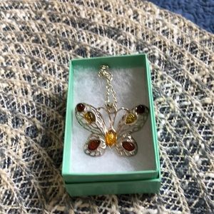 Solid Sterling Silver Butterfly Necklace w/citrine & garnet stones